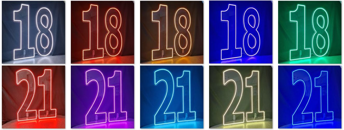 neon numbers 18 and 21 available to hire