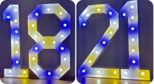 our light up marquee numbers are available in choice of colours, example Leeds - blue, white, yellow