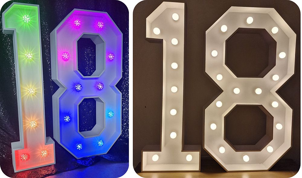 our 4ft marquee light up numbers are available in 2 styles, offering choice of bulb colours